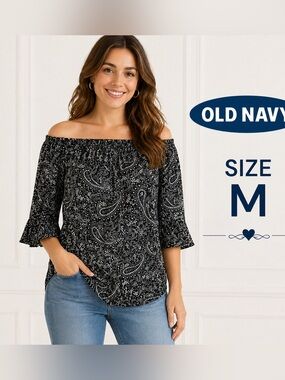 Old Navy Off-Shoulder black & white Paisley Top - Size M